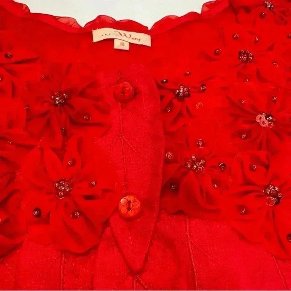 Vintage Red Embellished Intricate Neckline Short Sleeve Blouse Size 10 - Picture 8 of 14
